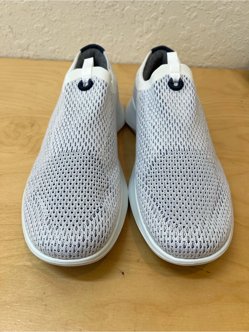 allbirds Men's US 13,5 Slip-On Knit Sneakers - White and navy.